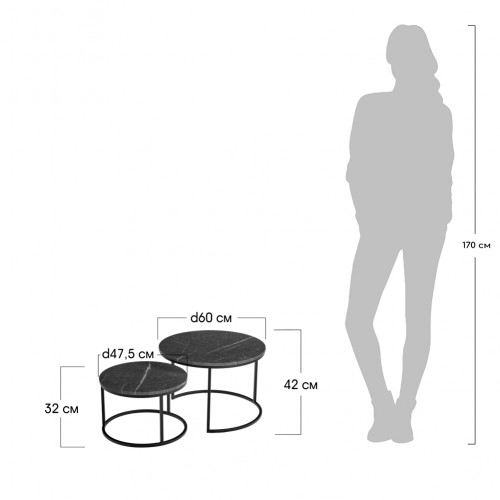 Набор кофейных столиков Tango серый мрамор с чёрными ножками